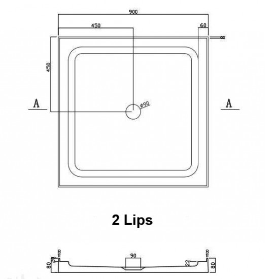 900x900mm Two Lips Square Shower Tray Center/Corner Waste 